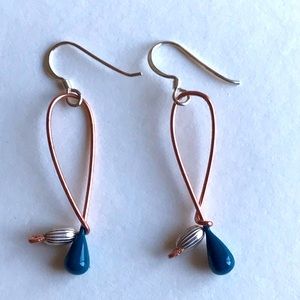 Handmade silver and blue beads, copper earrings